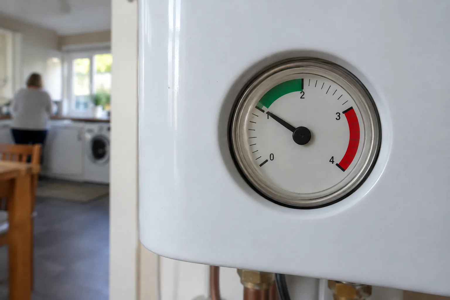 A boiler pressure gauge reading in the green zone