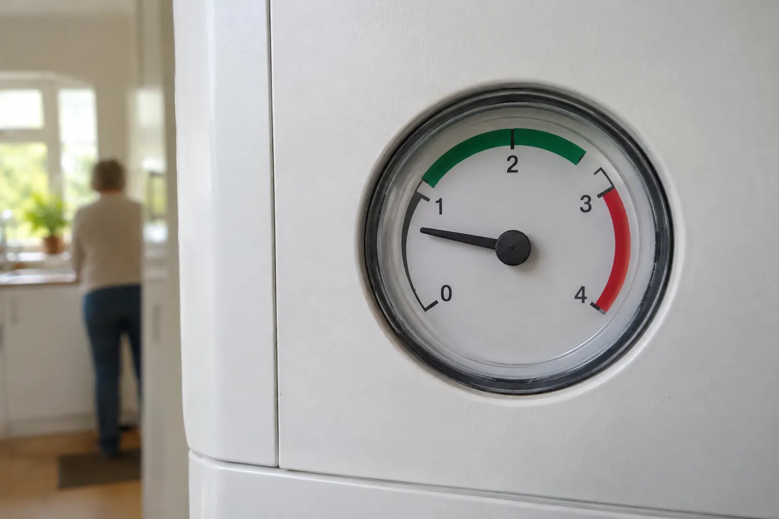 A boiler pressure gauge reading below the green zone
