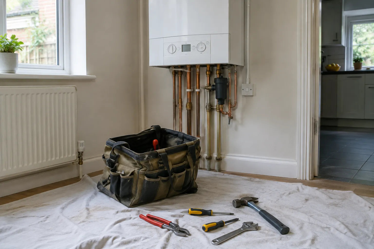 A tool bag laid out in front of a boiler