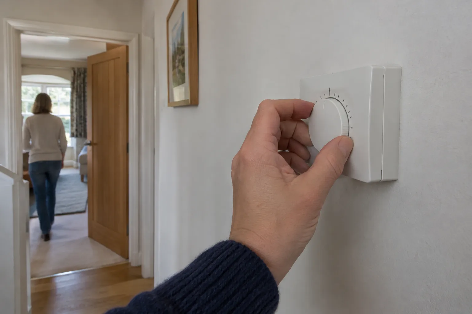 A hand adjusting a central heating thermostat