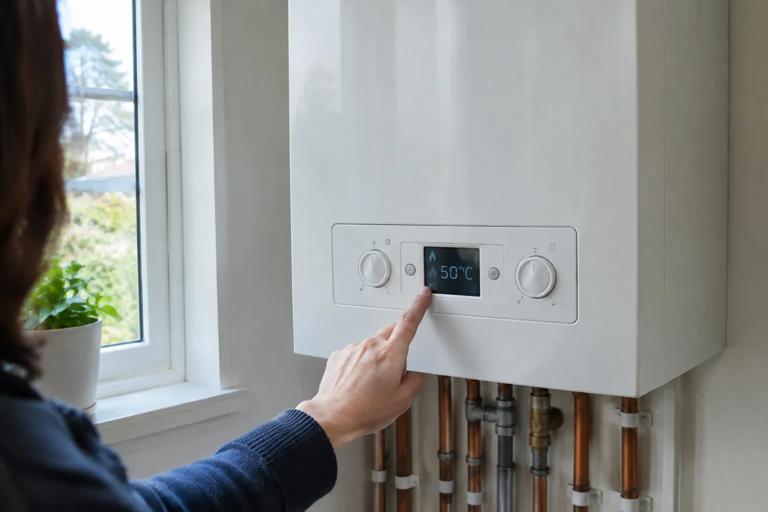 A hand pointing at a boiler's display panel